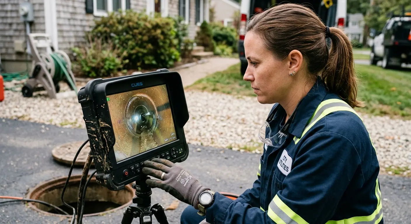 Technician reviewing sewer camera inspection footage in Teaneck