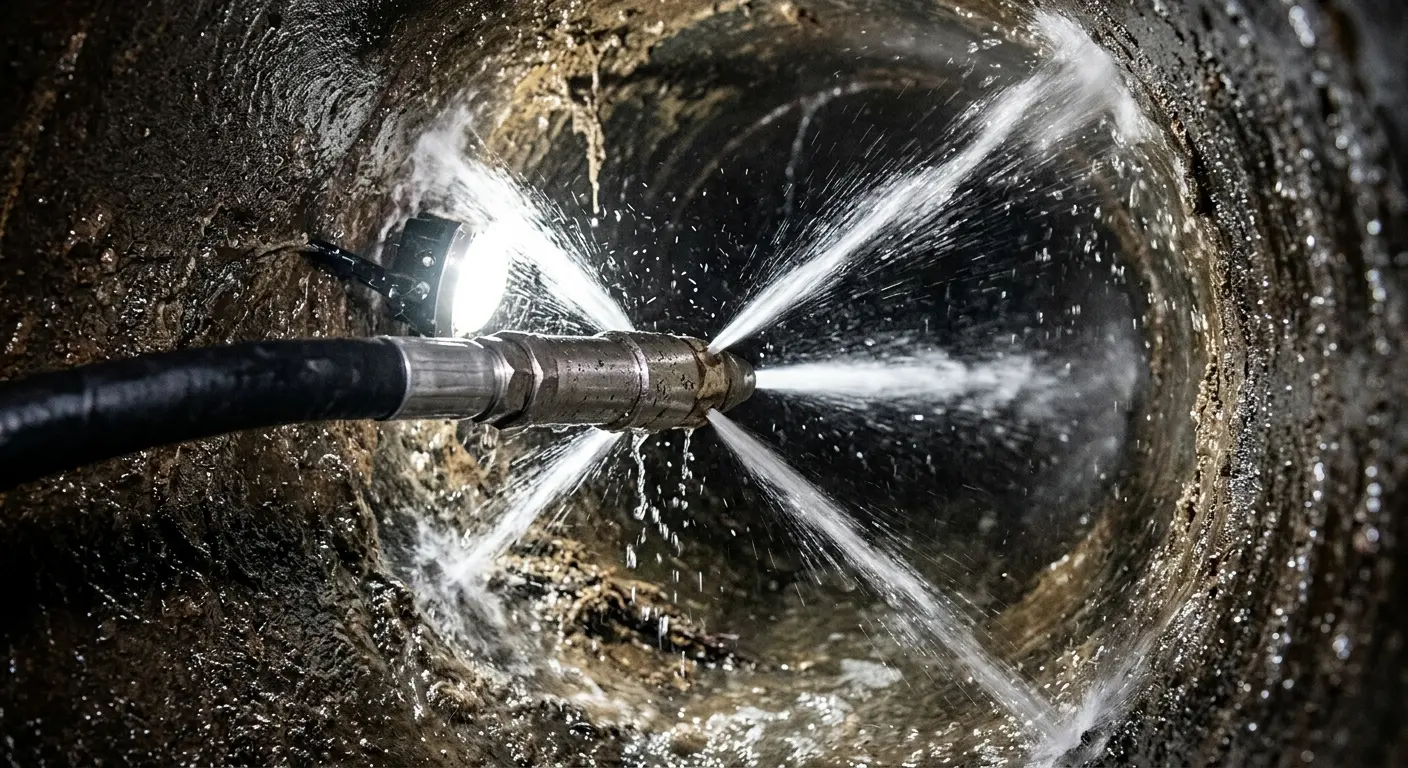 High-pressure hydro jetting nozzle cleaning sewer pipe for Sewer Cleanout in Teaneck