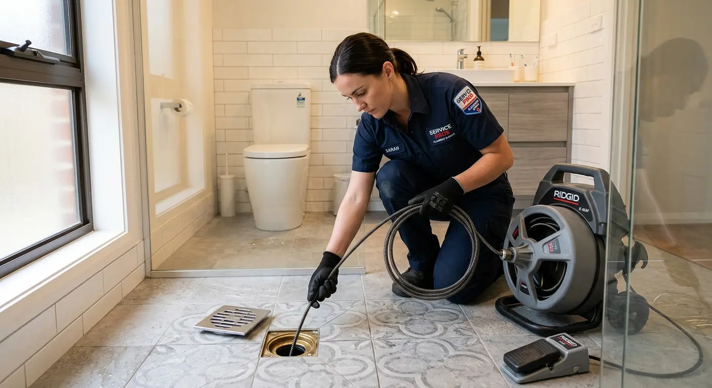 Technician clearing a bathroom floor drain for Drain Cleaning in Teaneck